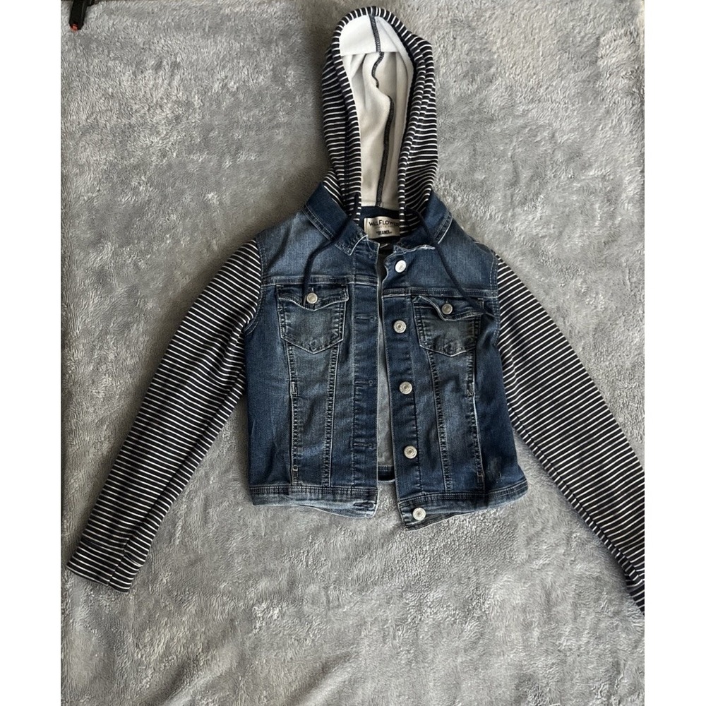 Wallflower Hooded Jean Jacket  Blue Strip Sleeves (Juniors) Sz Small